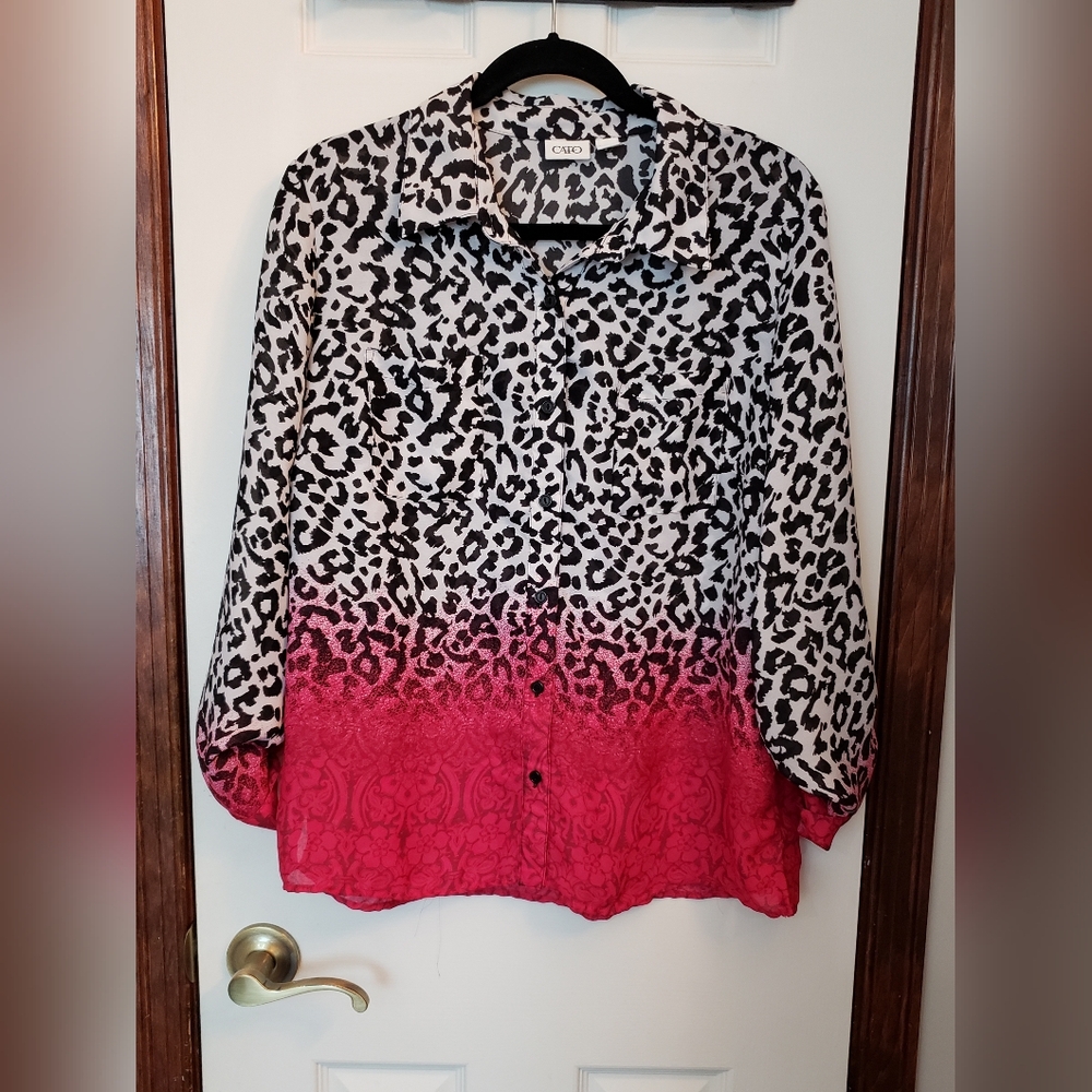 Cato Animal Print Pink Ombré Semi Sheer Button Front Blouse Size Large